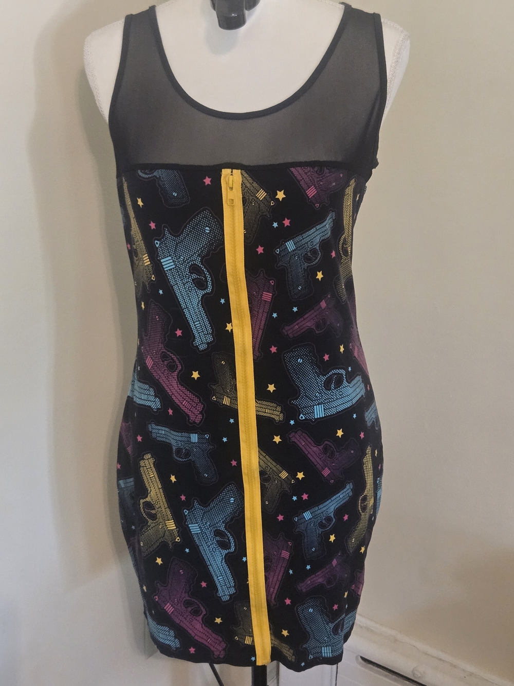 Too Fast Bodycon Dress with Multicolor Gun Print and Yellow Zip